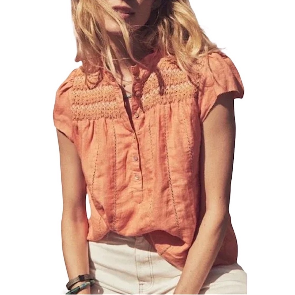 Faherty 100% linen orange button up smocked short sleeve blouse